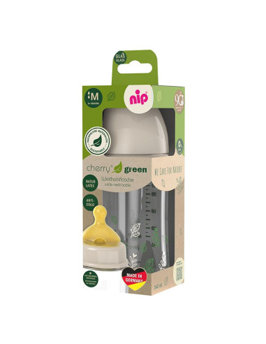 Бебешко шише за хранене стъклено NIP Cherry Green Flow M, 240мл, 0 месеца +