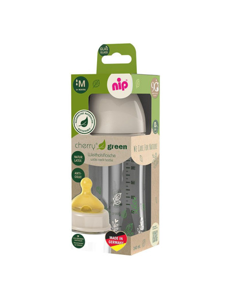 Бебешко шише за хранене стъклено NIP Cherry Green Flow M, 240мл, 0 месеца +