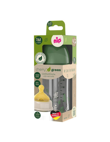 Бебешко шише за хранене стъклено NIP Cherry Green Flow M, 240мл, 0 месеца +