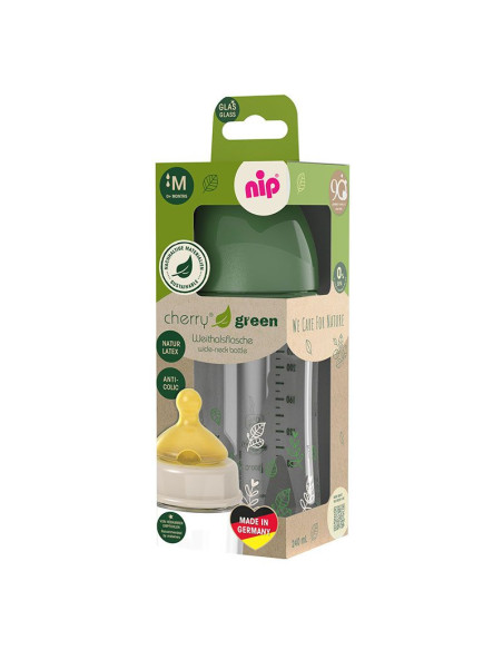 Бебешко шише за хранене стъклено NIP Cherry Green Flow M, 240мл, 0 месеца +