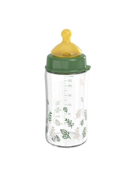 Бебешко шише за хранене стъклено NIP Cherry Green Flow M, 240мл, 0 месеца +