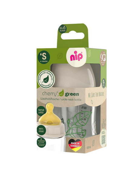 Бебешко шише за хранене стъклено NIP Cherry Green Flow S, 120 мл, 0 месеца +