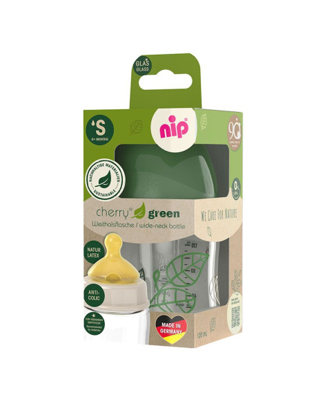 Бебешко шише за хранене стъклено NIP Cherry Green Flow S, 120 мл, 0 месеца +