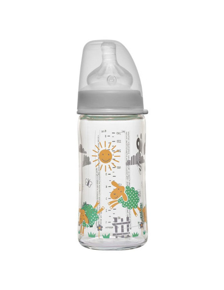 Бебешко шише за хранене стъклено NIP, Wide-Neck, Flow M, 240 мл, 6 месеца +
