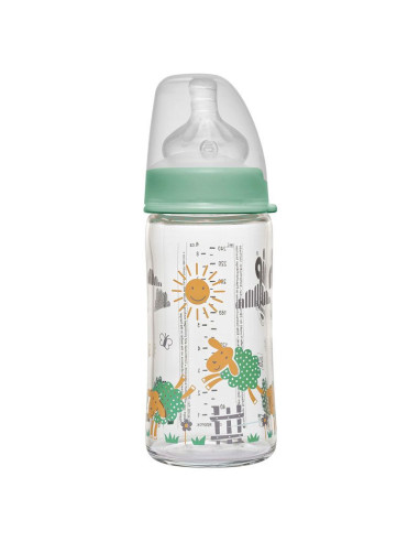 Бебешко шише за хранене стъклено NIP, Wide-Neck, Flow M, 240 мл, 6 месеца +