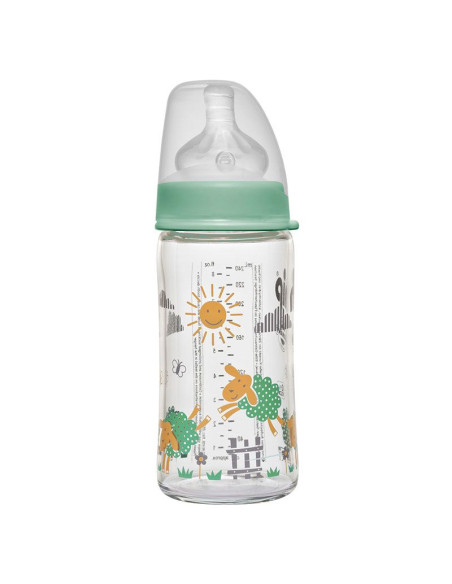 Бебешко шише за хранене стъклено NIP, Wide-Neck, Flow M, 240 мл, 6 месеца +