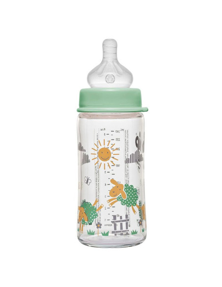 Бебешко шише за хранене стъклено NIP, Wide-Neck, Flow M, 240 мл, 6 месеца +