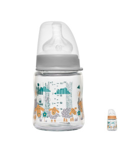 Бебешко шише за хранене стъклено NIP, Wide-Neck, Flow S, 120 мл, 0-6 месеца
