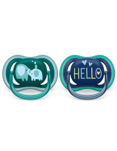 Ортодонтични залъгалки Philips-Avent Ultra Air, 2 броя, със стерилизаторна кутия, слонове/Hello, сини, 18м+