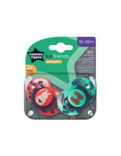 Ортодонтични залъгалки Tommee Tippee Fun Friends, 2 броя, със стерилизаторна кутия, червена заек/зелена мече, 18-36м 2