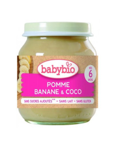 Био плодово пюре Babybio - Ябълка, банан и кокосово мляко130гр 6м.+