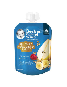 Плодово пюре Gerber - Пауч с круша, банан, малина и мюсли, 6м+, 80 g