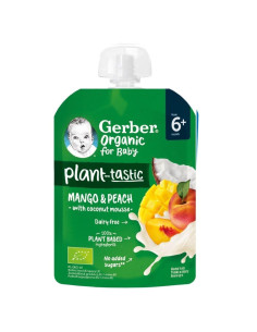Плодова закуска Gerber Organic - Пауч с манго и праскова с кокосов мус, 80 g