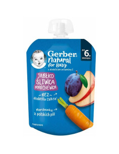 Плодово пюре Nestle Gerber - Пауч с ябълка, слива и морков, 6m+, 80 g