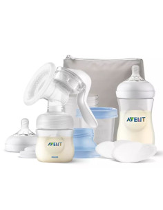 Ръчна помпа за кърма Avent Natural Motion с контейнери VIA, шишета за хранене Natural и несесер