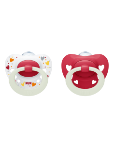 NUK Биберон залъгалка силикон 0-6 мес. 2 бр. Signature Night момиче + кутийка за съхранение и стерилизация в микровълнова