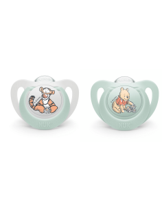 NUK биберон залъгалка силикон 6-18 мес. 2 бр. МЕЧО ПУХ + кутийка за съхранение и стерилизация в микровълнова