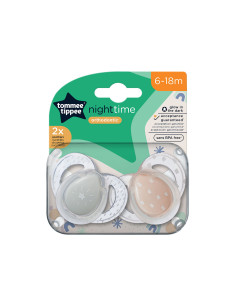 Ортодонтични залъгалки Tommee Tippee Night Time, 2 броя, със стерилизаторна кутия, синя звезда/розова дъжд, 6-18м