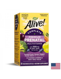 Мултивитамини за бременни премиум Алайв с растителна DHA Alive! Complete Premium Prenatal Multivitamin 60 софтгел капсули