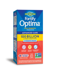Пробиотик + пребиотици – специална грижа Fortify Optima Probiotic Advanced Care 100 млрд. активни пробиотици, 30 капсули със  2