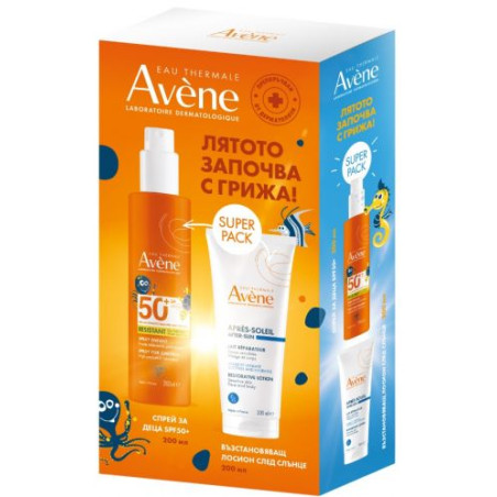 Avène Sun Комплект - Лосион за след слънце и Спрей за деца, SPF50+, 2 x 200 ml (Лимитирано)