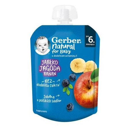 GERBER Плодова закуска пауч Ябълка, боровинка и банан 6+ месеца, 80 г