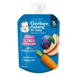 GERBER Плодова закуска пауч Ябълка, слива и морков 6+ месеца, 80 г