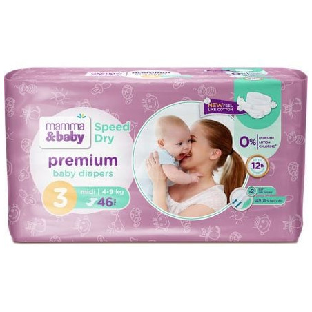 MAMMA&BABY PREMIUM SPEED DRY Пелени размер 3 , 4-9кг , 46 бр