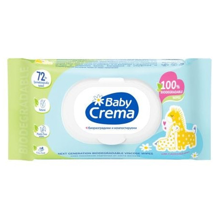 BABY CREMA Биоразградими мокри кърпички Лайка с капак, 72 бр.