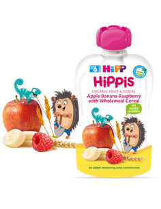 БИО Плодово пюре Hipp HiPPiS ябълка, банан, малина с пълнозърнести култури 100гр.