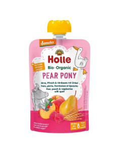 Бебешко пюре Holle пауч - Круша, праскова, малина и спелта, 100 g