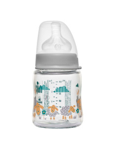 Бебешко шише за хранене стъклено NIP, Wide-Neck, Flow S, 120 мл, 0-6 месеца 2