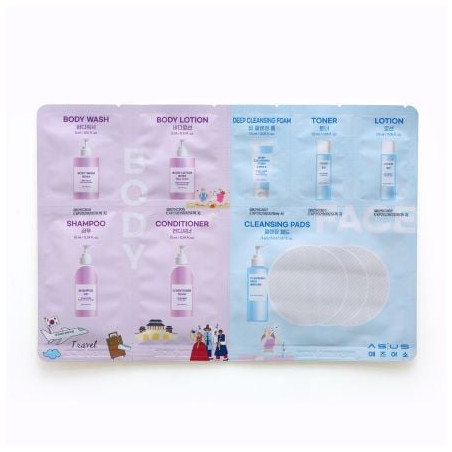 AS:US TRAVEL SHOWER KIT 4 STEP Дълбокопочистваща пяна за лице 5мл, Шампоан 5мл, Балсам 5мл, Душ гел 5мл.