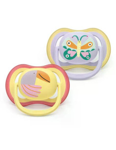 2 броя ортодонтски силиконови залъгалки Philips AVENT SCF087/04 Ultra Air, 0-6м, пастелни цветове с картинки, в кутия за стер