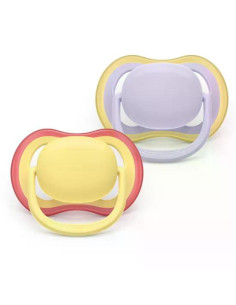 2 броя ортодонтски силиконови залъгалки Philips AVENT SCF087/03 Ultra Air, 0-6м, пастелни едноцветни, в кутия за стерилизиран