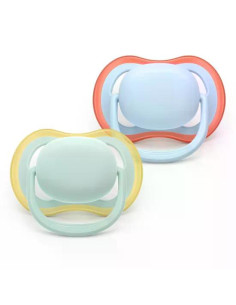 2 броя ортодонтски силиконови залъгалки Philips AVENT SCF087/01 Ultra Air, 0-6м, пастелни едноцветни, в кутия за стерилизиран
