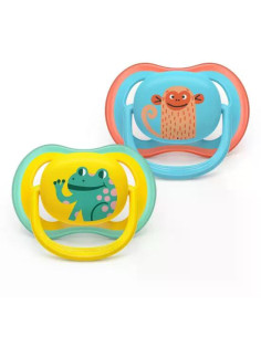 2 броя ортодонтски силиконови залъгалки Philips AVENT SCF349/58 Ultra Air, 18м+, с картинки, в кутия за стерилизиране