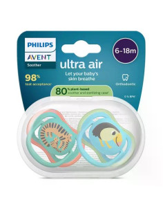 2 броя ортодонтски силиконови залъгалки Philips AVENT SCF087/11 Ultra Air, 6-18м, сини с картинки, в кутия за стерилизиране 2