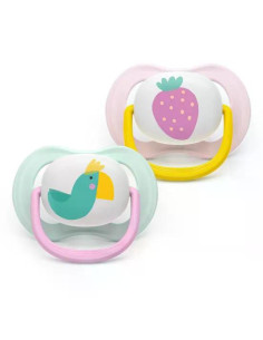 2 броя ортодонтски силиконови залъгалки Philips AVENT SCF080/24 Ultra Air Happy, 0-6м, с декорация в розово, в кутия за стери