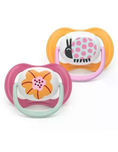 2 броя ортодонтски силиконови залъгалки Philips AVENT SCF080/27 Ultra Air Happy, 6-18м, с декорация в розово, в кутия за стер