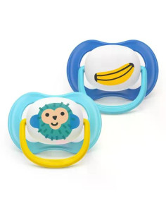 2 броя ортодонтски силиконови залъгалки Philips AVENT SCF080/26 Ultra Air Happy, 6-18м, с декорация в синьо, в кутия за стери