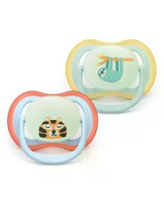 2 броя светещи в тъмното, ортодонтски силиконови залъгалки Philips AVENT SCF376/24 Ultra Air NightTime, 0-6м, с картинки, в к