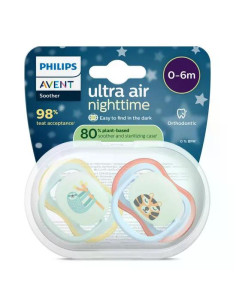 2 броя светещи в тъмното, ортодонтски силиконови залъгалки Philips AVENT SCF376/24 Ultra Air NightTime, 0-6м, с картинки, в к 2