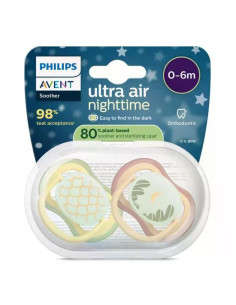 2 броя светещи в тъмното, ортодонтски силиконови залъгалки Philips AVENT SCF376/27 Ultra Air NightTime, 0-6м, с картинки, в к 2