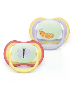 2 броя светещи в тъмното, ортодонтски силиконови залъгалки Philips AVENT SCF376/25 Ultra Air NightTime, 0-6м, с картинки, в к