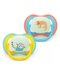 2 броя светещи в тъмното, ортодонтски силиконови залъгалки Philips AVENT SCF376/32 Ultra Air NightTime, 18м+, с картинки, в к