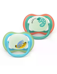2 броя светещи в тъмното, ортодонтски силиконови залъгалки Philips AVENT SCF376/28 Ultra Air NightTime, 6-18м, с картинки, в 