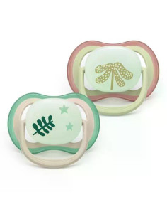 2 броя светещи в тъмното, ортодонтски силиконови залъгалки Philips AVENT SCF376/31 Ultra Air NightTime, 6-18м, с картинки, в 