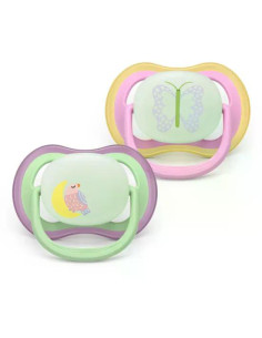 2 броя светещи в тъмното, ортодонтски силиконови залъгалки Philips AVENT SCF376/29 Ultra Air NightTime, 6-18м, с картинки, в 