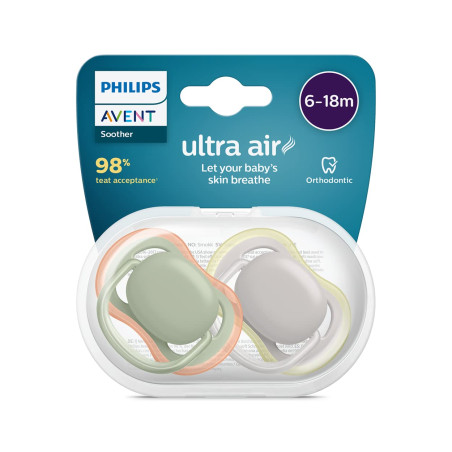 Ортодонтични залъгалки Philips-Avent Ultra Air, 2 броя, със стерилизаторна кутия, неутрални, 6-18 м